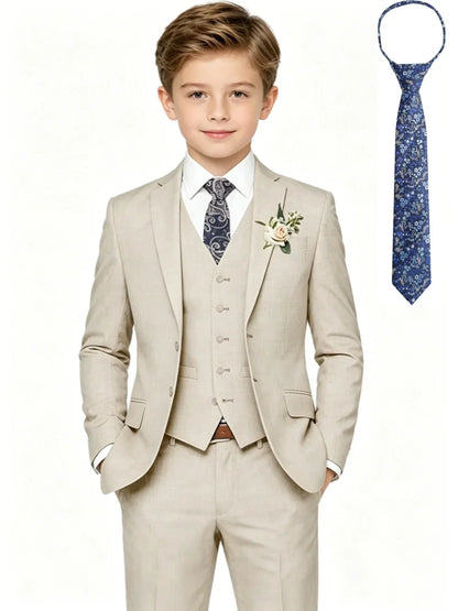 Boys Summer Linen Suit Set 4 Pieces Wedding Ring Bearer Outfit Notched Lapel Kids Slim Fit Tuxedo For Piano Perfromace 3-14T