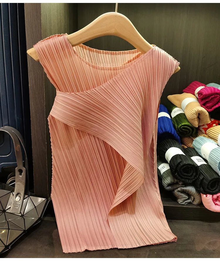 Sleeveless T-shirt Miyake Pleated Summer New Round Neck Slim Thin Versatile Irregular Women's Undershirt Tops Multiple Ways Wear