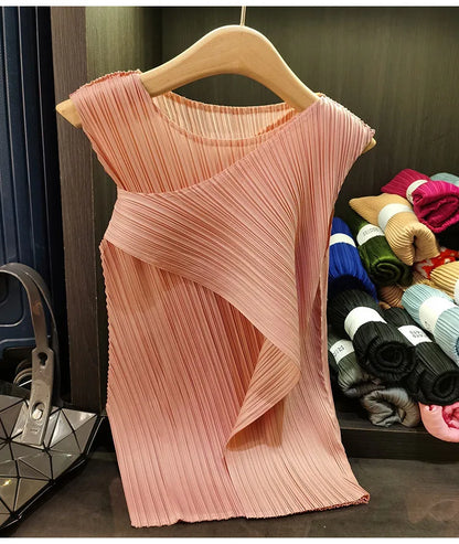 Sleeveless T-shirt Miyake Pleated Summer New Round Neck Slim Thin Versatile Irregular Women's Undershirt Tops Multiple Ways Wear