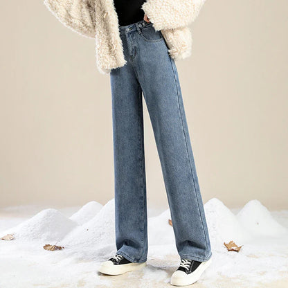 Woman High Waist Streetwear Thicken Jeans Female Fashion Baggy Pants Lady Black Grey Light Blue Blue Punk Thermal Denim Trousers