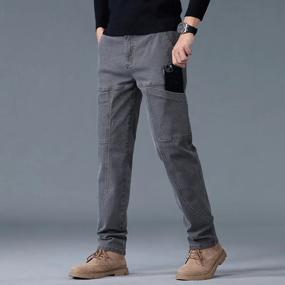 2026 New Style Jeans Men's Slim Fit Korean Style Comfortable Straight Leg Elastic Gray Mid Waist Pants Men's Casual Denim Pants
