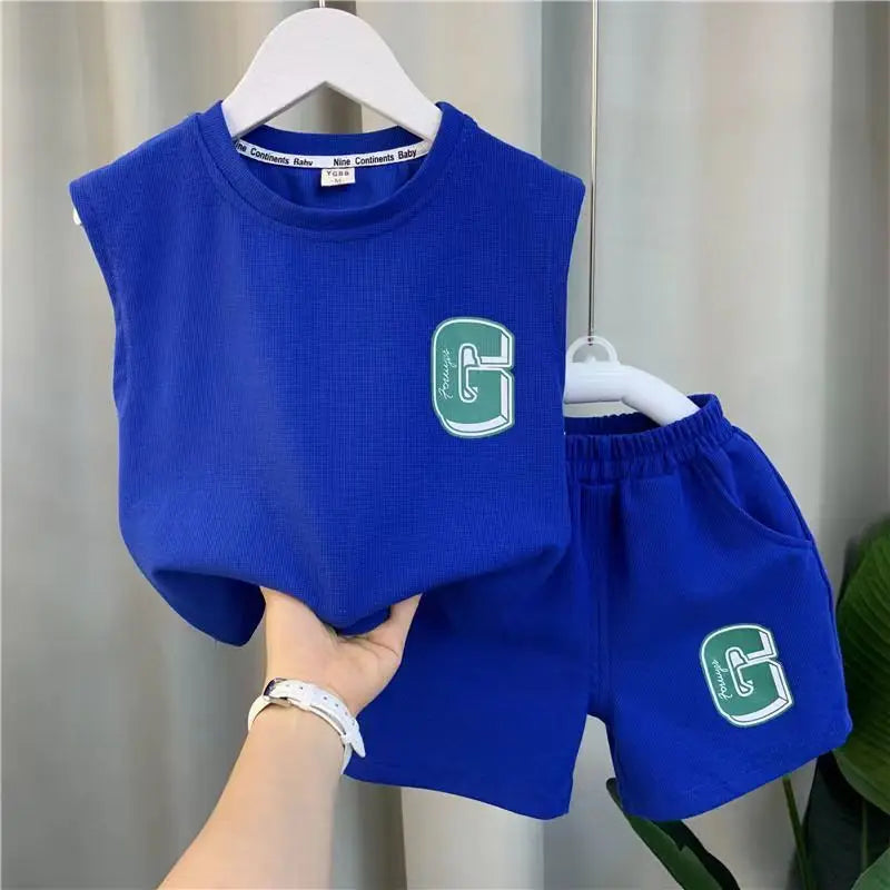 Summer Children Boys 2PCS Clothes Set Cotton Letter Bear Sleeveless Tops Tee Suit Thin Cool Sporty Shorts Kid Babys Boys Outfits