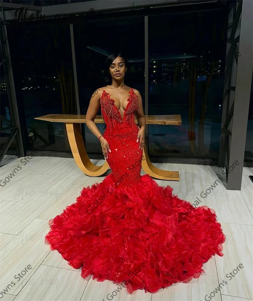 Red Strapless Sequin Long Prom Dresses Black Girl Bead Crystal 2024 Birthday Luxury Dress Tassel Ruffles Evening Gown Customized