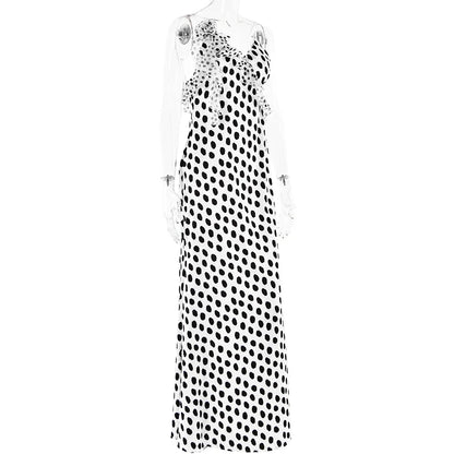 Sexy Backless  Print Dots Flower Women Maxi Dress Spaghetti Strap Evening Dress Autumn Skinny Elegant Party Clubwear