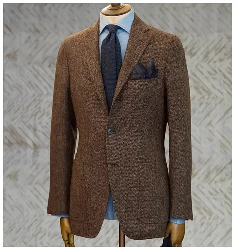 Uncle Nick's Wooster-Style Suit, Autumn and Winter Vintage Tweed Wool Herringbone Pattern Men's Blazer Suit