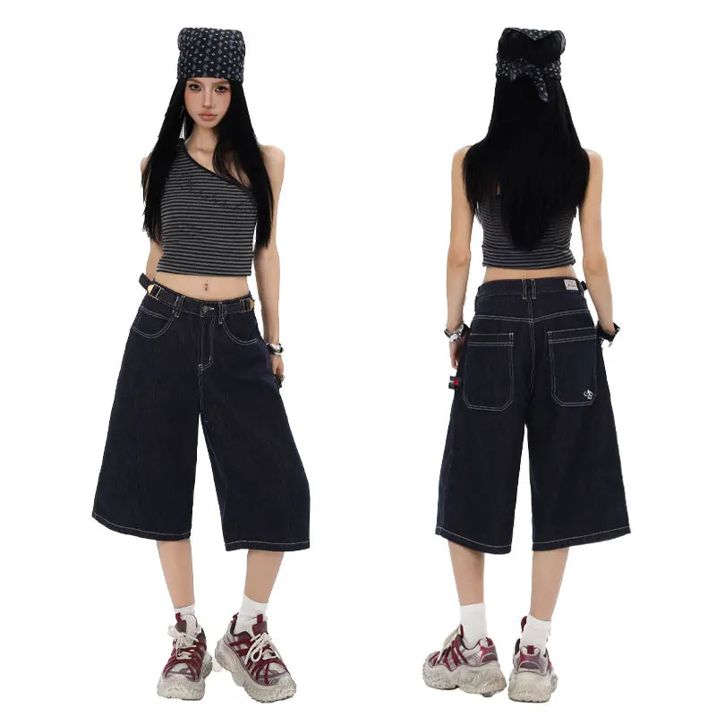American High Street Fashion Loose Denim Shorts Retro Wide Leg Crop Pants Women Y2k High Waisted Embroidery Casual Mid Trouser