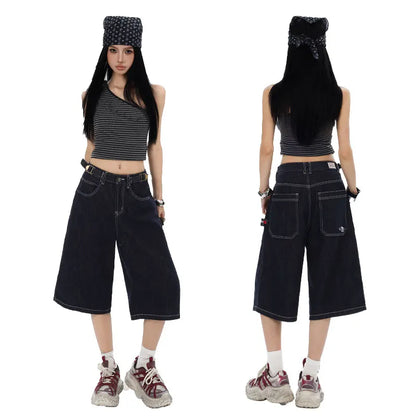 American High Street Fashion Loose Denim Shorts Retro Wide Leg Crop Pants Women Y2k High Waisted Embroidery Casual Mid Trouser