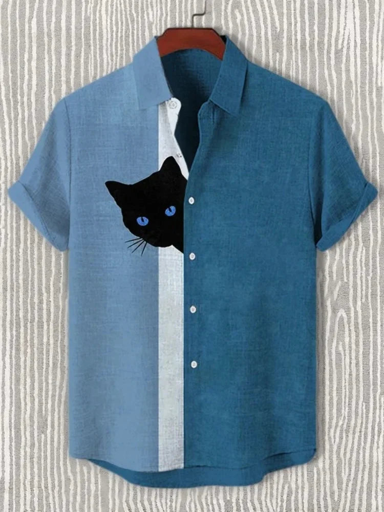 Men's Funny Shirts Harajuku Japanese Men Fun Hide And Seek Black Cat Print Casual Shirt 2025 Summer Holiday 3D Printing Blouse T