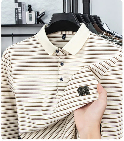 Men's Striped Long Sleeved T-shirt Polo Shirt Button Up Men's Stand Up Collar, Winter Double-sided German Velvet Base Shirt