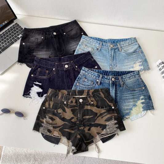 American Retro Camouflage Mini Shorts 2026 Ladies Hollow Out Slim Beach Pants Hot Girl Sexy Print Denim Shorts