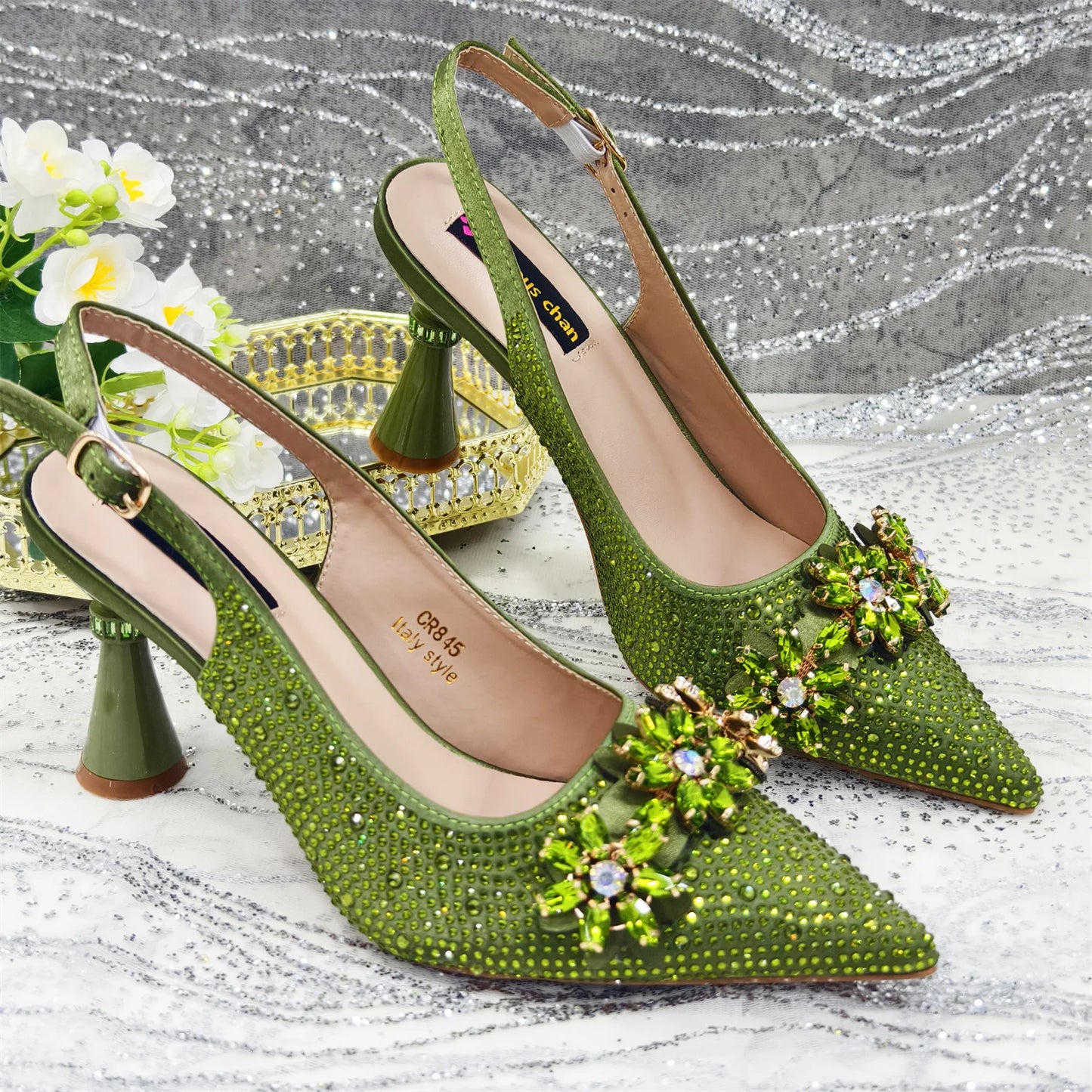 Olive-Green Pointed-Toe Women's High Heels Shoes and Bags for Party Rhinestone Evening Elegant Luxury Handbag