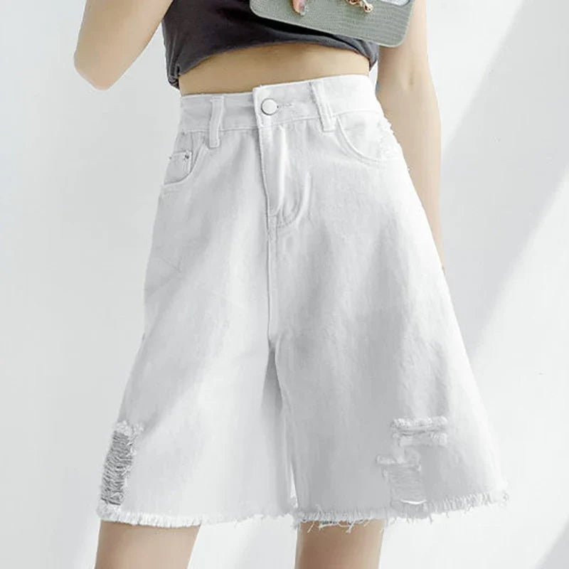 Women Tassels Denim Shorts Korean Fashion Letter Embroidery Wide Leg Shorts Casual Streetwear High Waist Female Shorts