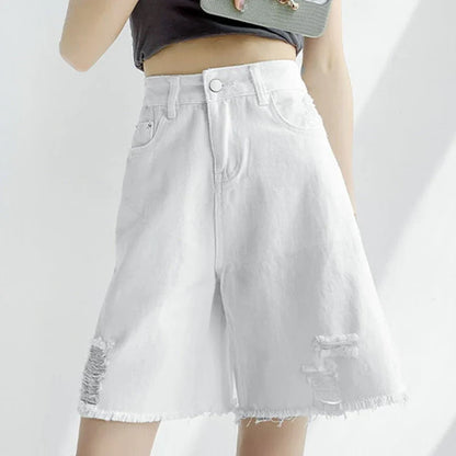 Women Tassels Denim Shorts Korean Fashion Letter Embroidery Wide Leg Shorts Casual Streetwear High Waist Female Shorts