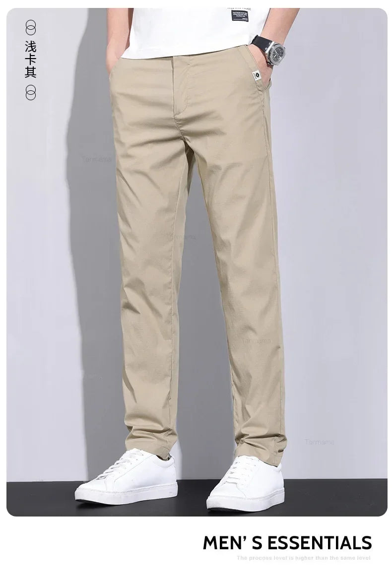 Ultra-thin Elastic Men's Casual Pants 2024 Summer Ice Silk Cotton Fashion Slim Straight Business Trousers Black Gray Khaki