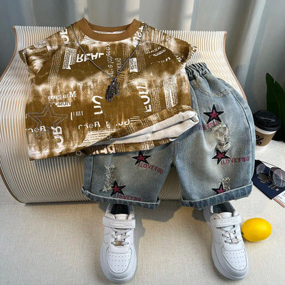 Korean Children's Summer Clothes Kids Set Outfits Boys 2026 Handsome Sleeveless&Short Sleeved T-shirt Denim Shorts 2-piece Set