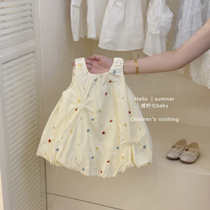 Summer Girls Casual Dresses with Hat Children's Clothing 2025 New Girls' Hollow Out Sleeveless Skirt Children's Lace Dress