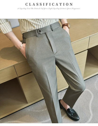 British Style Elastic Waist Men's Casual Slim Fit Trousers Summer High Quality Business Office Dress Wedding Party Suit Pants