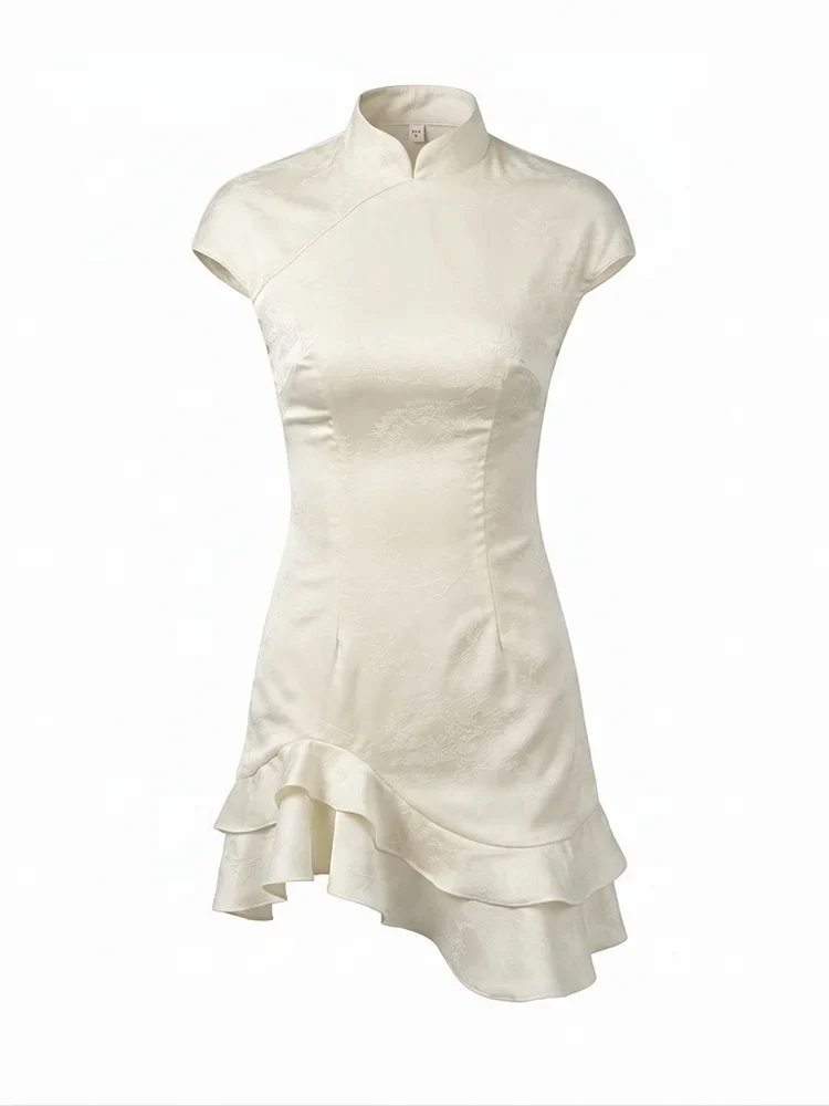 Women's Elegant Satin Evening Dress Fashion Stand Neck High Waist Slim Mini Dresses Party Sexy Short Sleeve Ruffle Dress