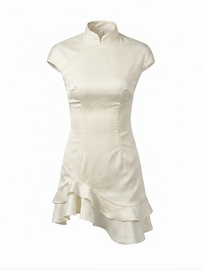 Women's Elegant Satin Evening Dress Fashion Stand Neck High Waist Slim Mini Dresses Party Sexy Short Sleeve Ruffle Dress