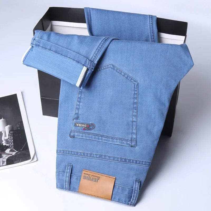 New Ice Silk Thin Denim Jeans for Men Blue Straight Stretch Cotton Denim Pant Business Casual Lightweight Trousers Spring Summer