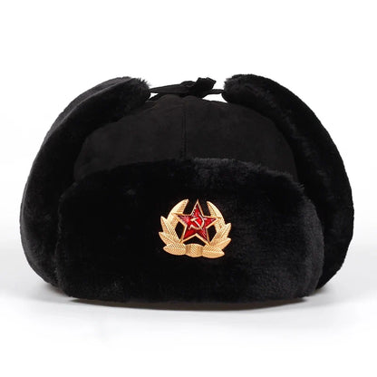 Sovjet Militaire Badge Rusland Bomber Hoeden Pilot Trapper Aviator Cap Winter Faux Konijnenbont Oorklep Sneeuw Caps Hoed