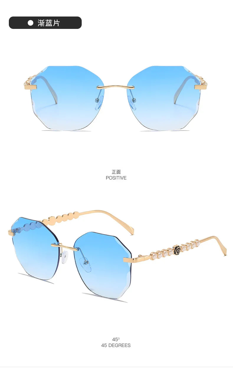 Women's Rimless Cut Edge Sunglasses Pearl Temple Gradient Lens Sun Glasses Elegant Y2K UV400 Shades Luxury Metal Fashion Eyewear