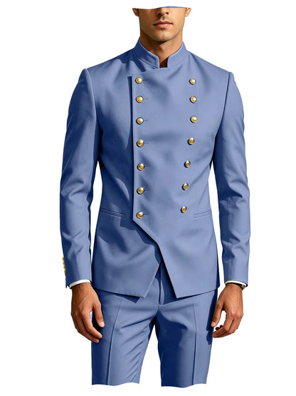 Men's Double Breasted Stand Collor Suit 2 Pieces Blazer Pants Set Slim Fit Business Casual Suit Jacket Formal Wedding Tuxedo