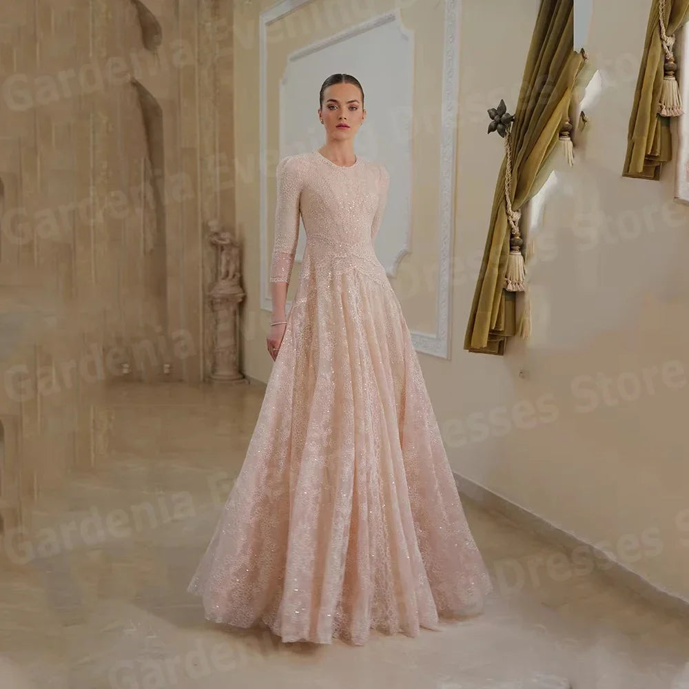 Luxurious A Line Women's Evening Dresses O Neck Prom Gowns Vestidos Para Mujer Customized Shiny Lace Formal Party Robe De Soirée