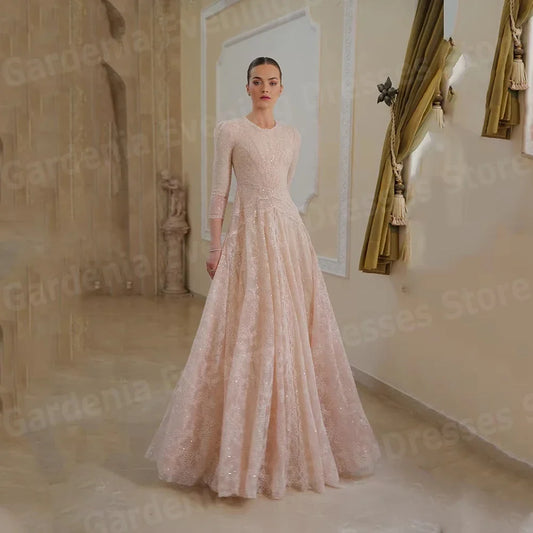 Luxurious A Line Women's Evening Dresses O Neck Prom Gowns Vestidos Para Mujer Customized Shiny Lace Formal Party Robe De Soirée