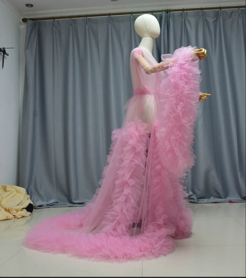 Tulle Robe Perspective Through Long Dressing Gowns Fluffy Maternity Dress Photoshoot Bride's Boudoir Dress Custom Size Color