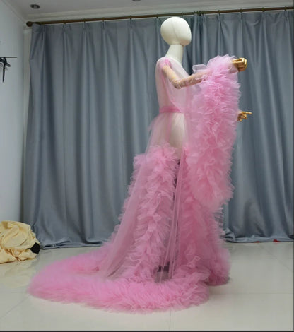 Tulle Robe Perspective Through Long Dressing Gowns Fluffy Maternity Dress Photoshoot Bride's Boudoir Dress Custom Size Color
