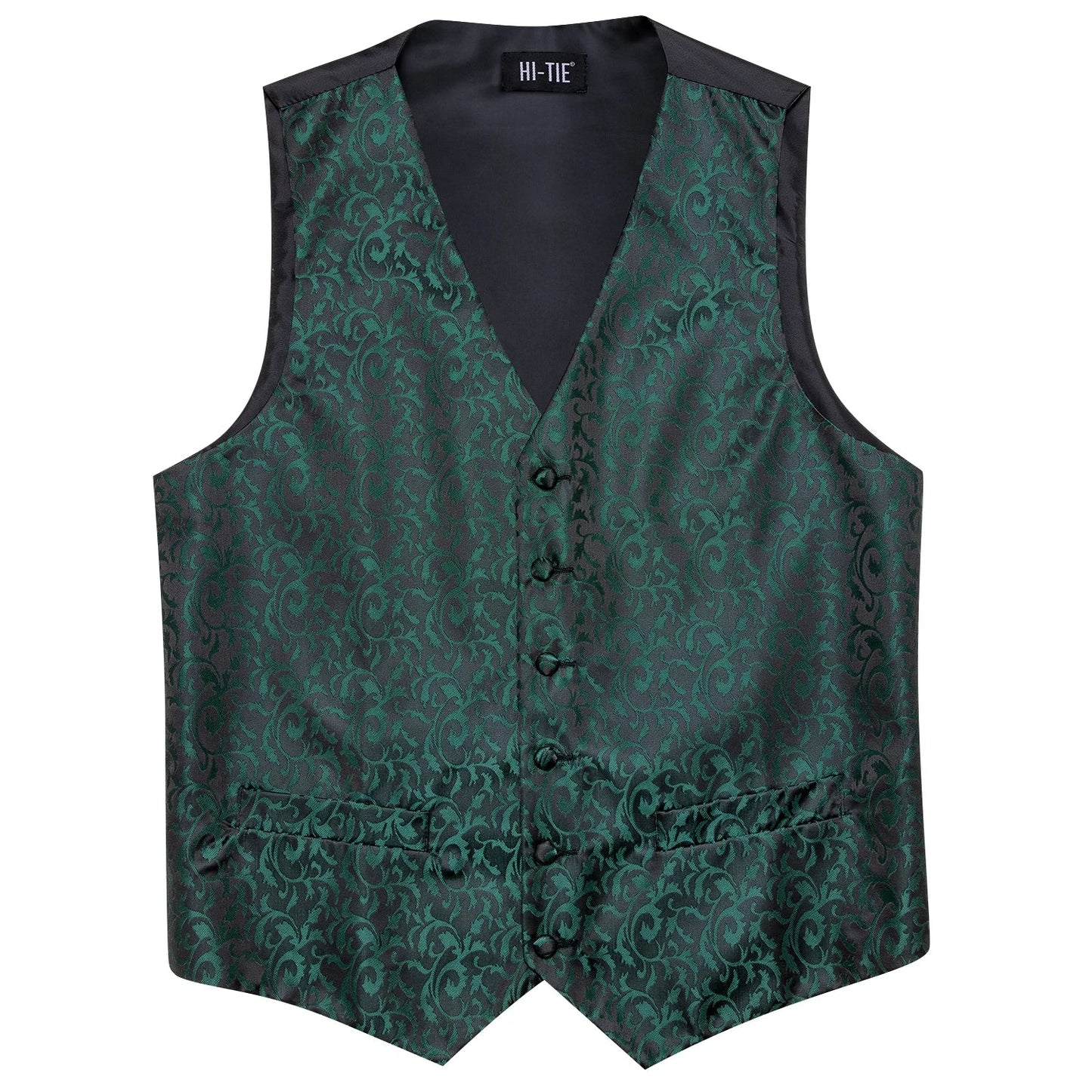 Men's Silk Vests Fashion Dark Green Floral Jacquard Handkerchief Cufflinks Necktie Sleeveless Wistcoat Sets Wedding Party