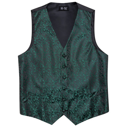 Men's Silk Vests Fashion Dark Green Floral Jacquard Handkerchief Cufflinks Necktie Sleeveless Wistcoat Sets Wedding Party