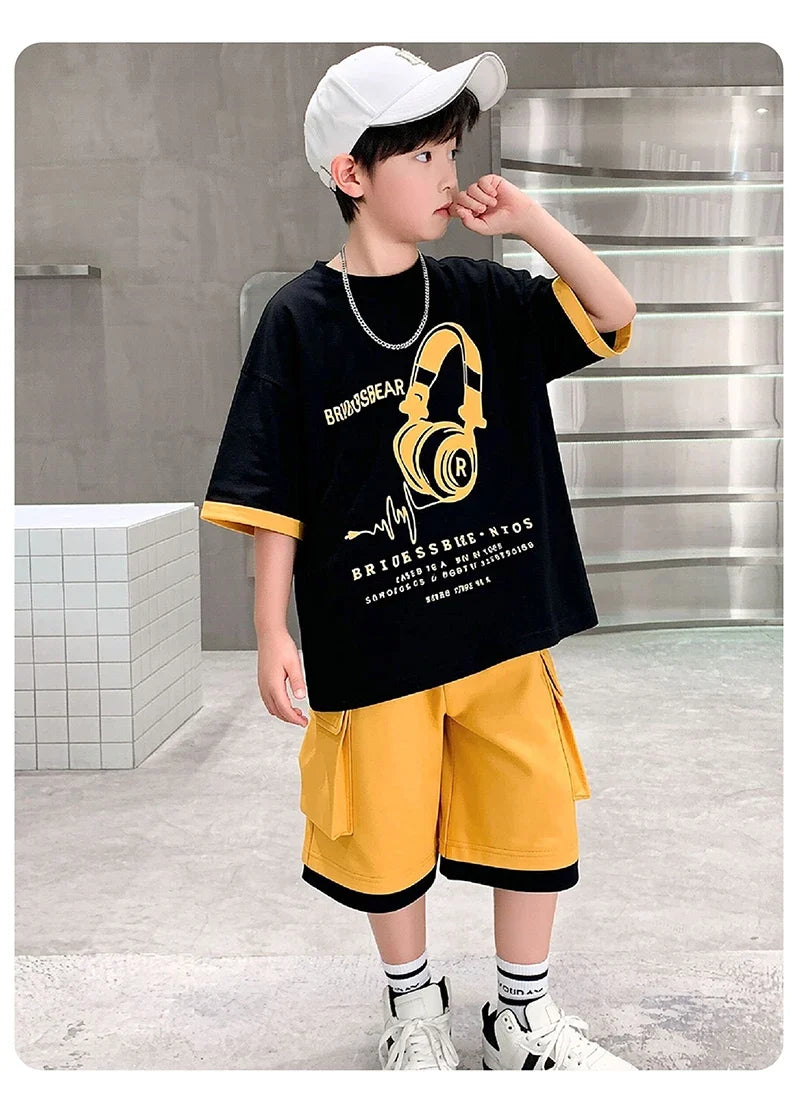 Fashion Stylish Kids Boys Top and Bottom Set Summer Tracksuit Streetwear Children New Trend Short Sleeve Clothes Suit Age 5-14 Y