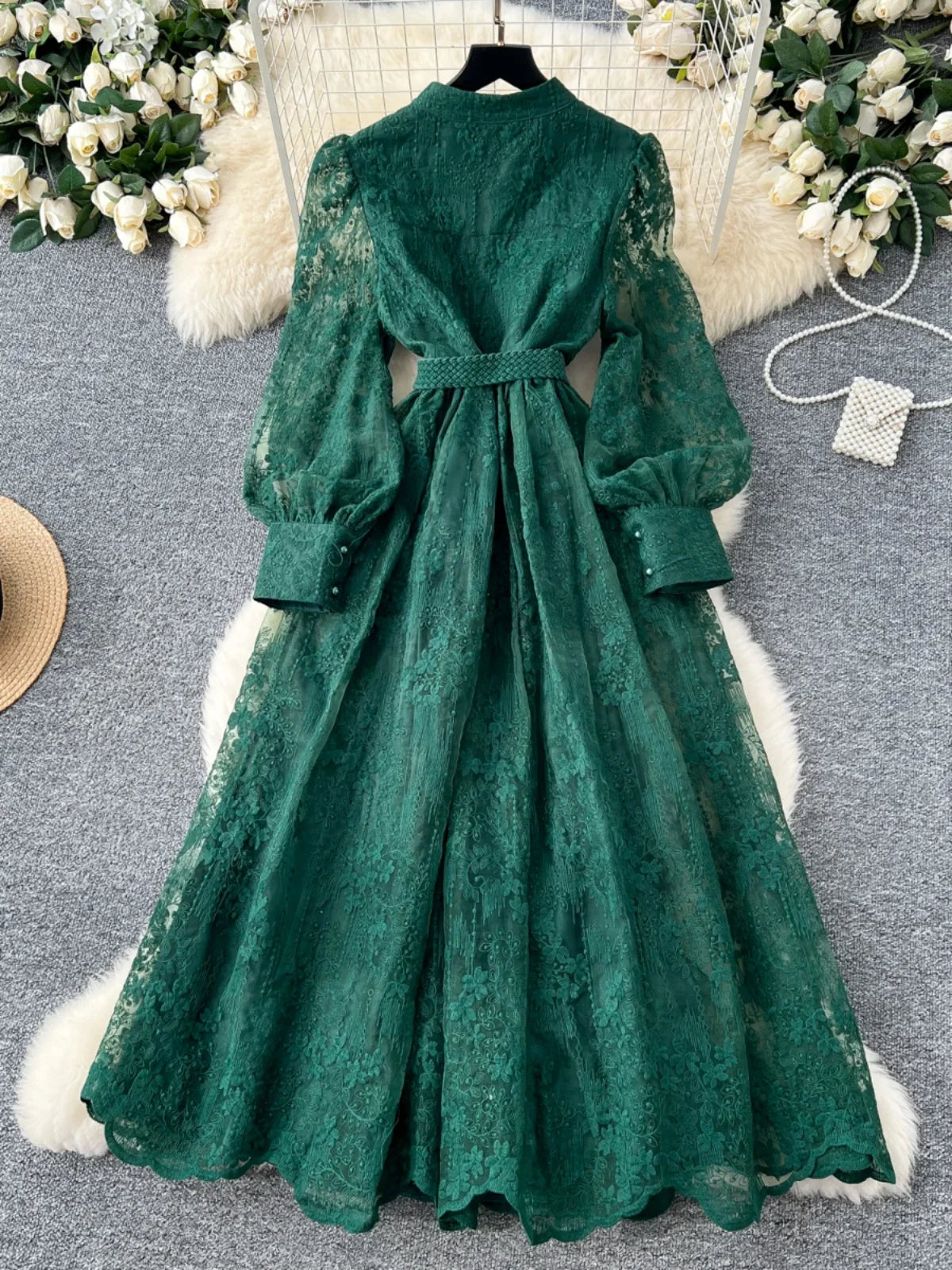 High-End Women's Dress Heavy Embroidery A-Line Long Skirt V-Neck Lantern Sleeve Single Button High Waist Korean Style Commute