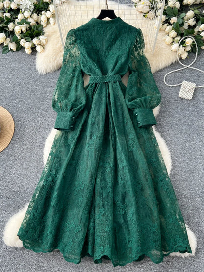 High-End Women's Dress Heavy Embroidery A-Line Long Skirt V-Neck Lantern Sleeve Single Button High Waist Korean Style Commute