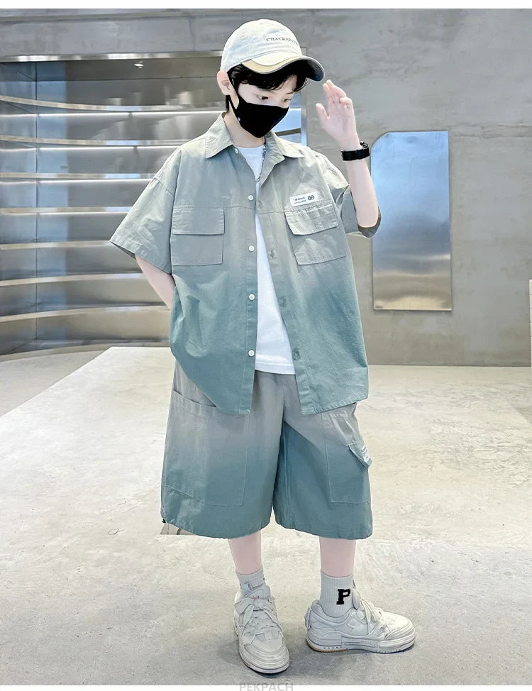Loose Style Child Pocket Outfit Suit Cool Big Boys Summer Clothes Set Teens Kids Shirt+Shorts 2PCS Clothing Set Gradient Costume