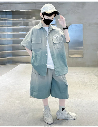 Loose Style Child Pocket Outfit Suit Cool Big Boys Summer Clothes Set Teens Kids Shirt+Shorts 2PCS Clothing Set Gradient Costume