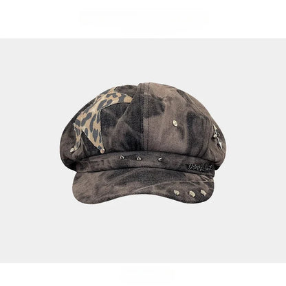 Punk Rivet Star Sticker Berets for Women Fashion Hip Hop Hats Versatile Retro Tie-dye Newsboy Hats