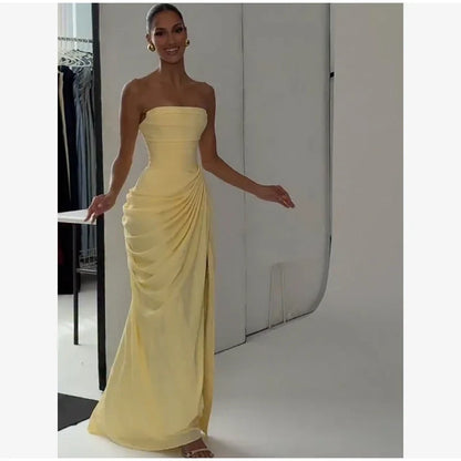 Women Strapless Pleated Long Dress Elegant Solid Split Sleeveless Backless High Waist Slim Fit Maxi Dresses 2026 Lady Party Robe