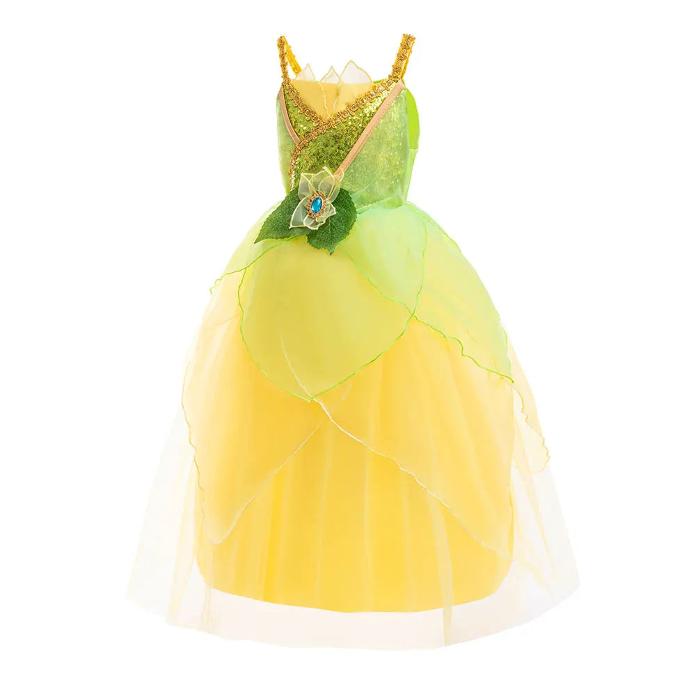 2026 Fairy Tale Fancy Princess and Frog Costume Play Tiana Ball Gown with Gloves Deluxe Suspender Dress 2 4 5 7 8Y Girl Carnival