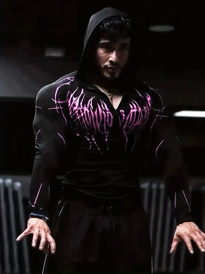 2026 Spring Summer New Men's Black Hooded Sports Compression Long Sleeve Shadow Style Street Subcultural Style