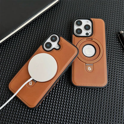Luxury Leather Metal Magnetic Ring Stand Magsafe Case For iPhone 17 16 15 14 13 12 Pro Max Plus 17Air Business Hollow Logo Cover
