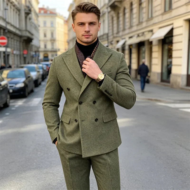 Wool Blend Men's 2 Piece Suit Set（Jacket+Pants) Double Breasted Lapel Suit Set Wedding Prom Dinner Wrok Travel Dinner Banquet