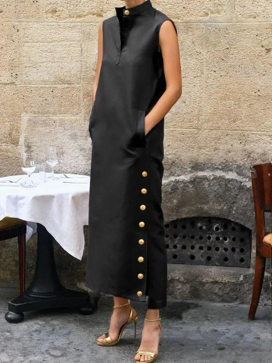 Female Vintage Solid Color Split-Side Stand Collar Party Evening Dresses 2025 New Summer Buttoned Casual Shirts Dress