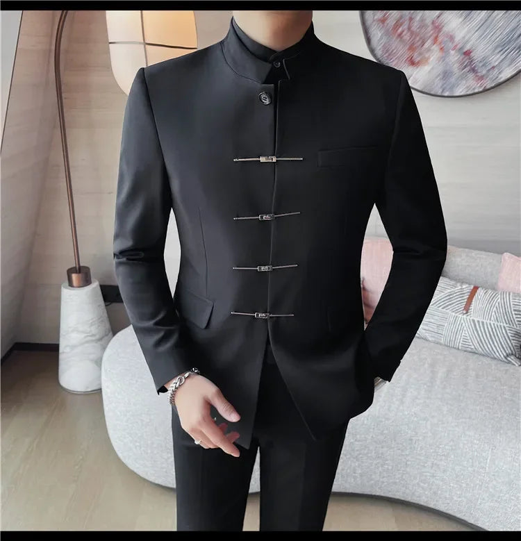 Chinese Style Stand Up Collar Suit Jacket for Men High Quality Mens Slim Fit Casual Social Wedding Dress Coat Men's Clothing