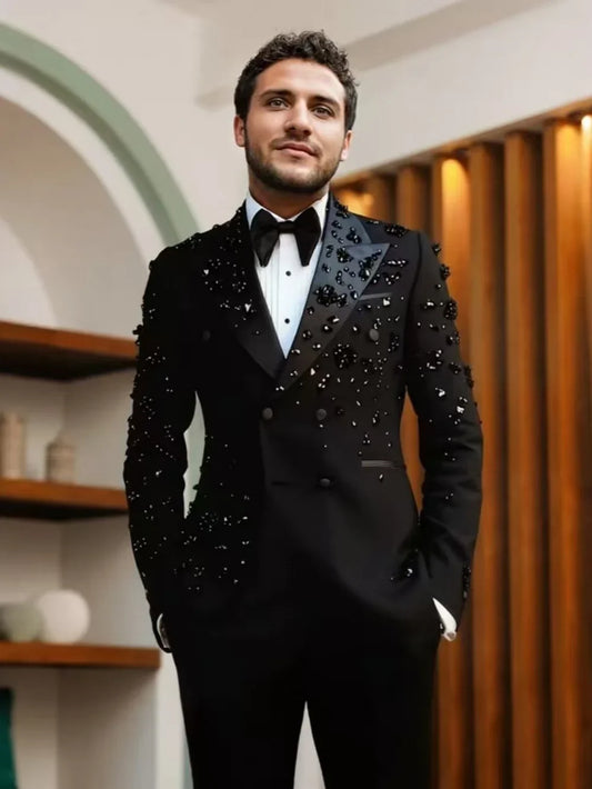 Black Opulent Crystal Men's Suit 2 Pieces Wedding Groom Sets Plus Size Man Slim Fit Suits Set Party Prom Wear Elegant Tuxedo