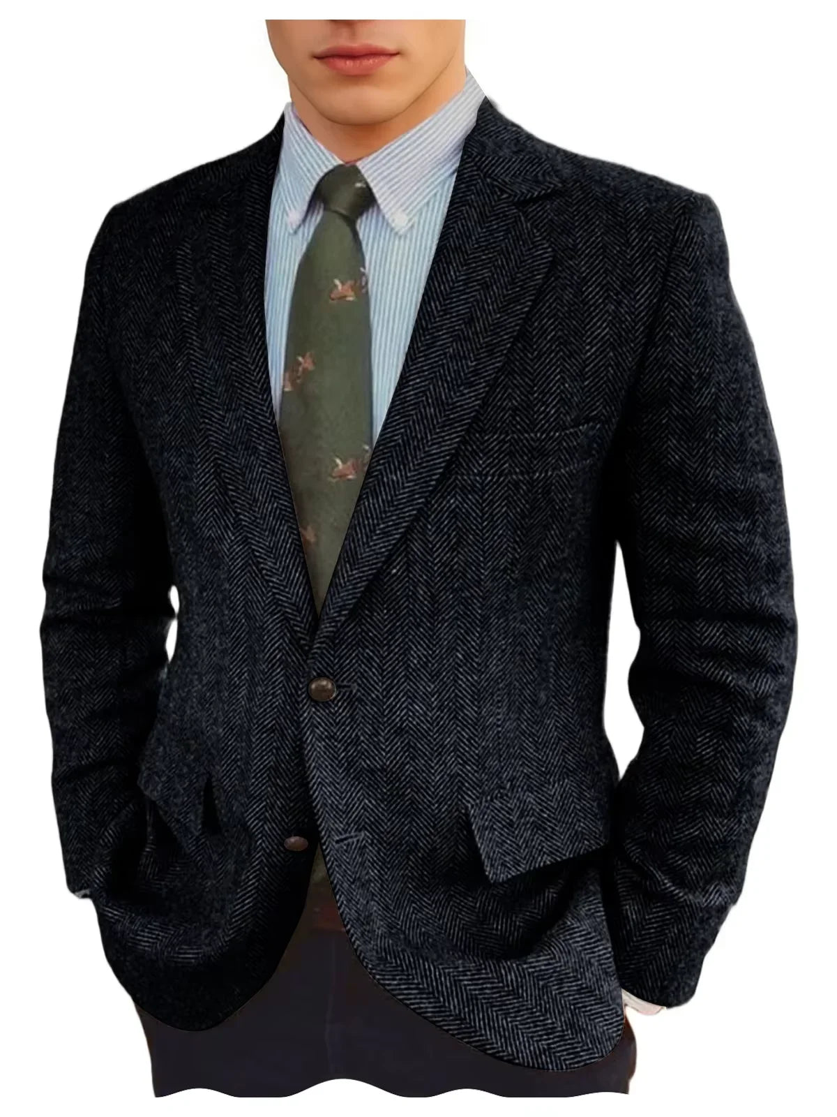 Men's Grey Herringbone Tweed Blazer Classic-Fit Notched Lapel Casual Jacket Slim Fit Business Wedding Suit Coat Plus Size