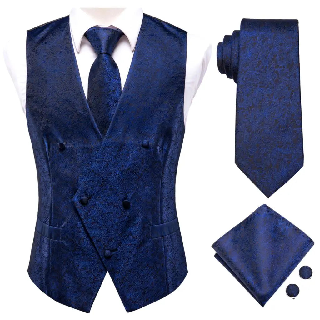 Slim 4PC Vest Necktie Pocket Square Cufflinks Silk Men's Waistcoat Neck Tie Set for Suit Dress Wedding Paisley Floral Vests Gift