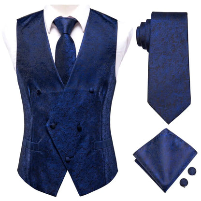 Slim 4PC Vest Necktie Pocket Square Cufflinks Silk Men's Waistcoat Neck Tie Set for Suit Dress Wedding Paisley Floral Vests Gift